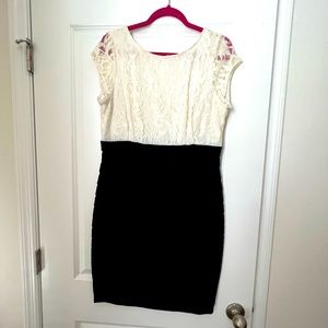 White lace top, black bottom dress